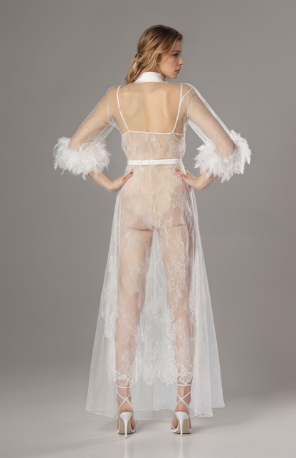 Luxury White Turkey Feather Lace Sheer Robe Dress Set | Bridal Getting Ready Gown