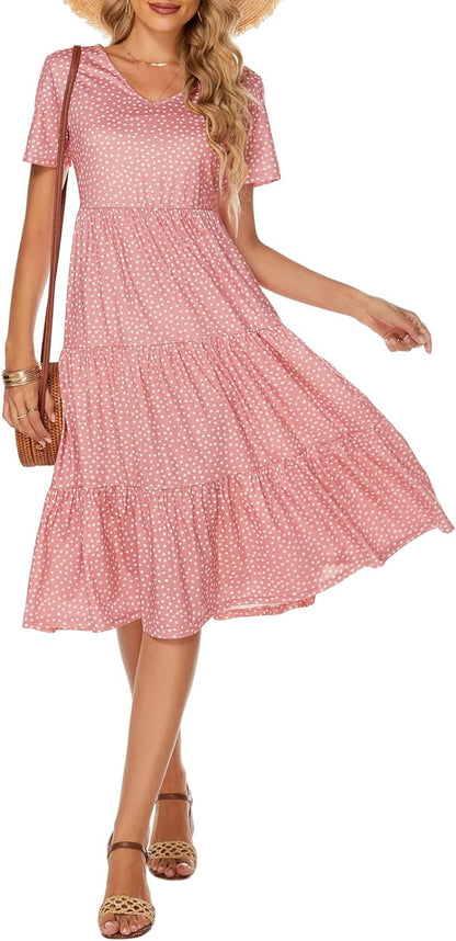 Women'S Casual Summer Tiered Midi Dress Short Sleeve V-Neck Loose Cotton Ruffle Babydoll Dress Boho Sundress