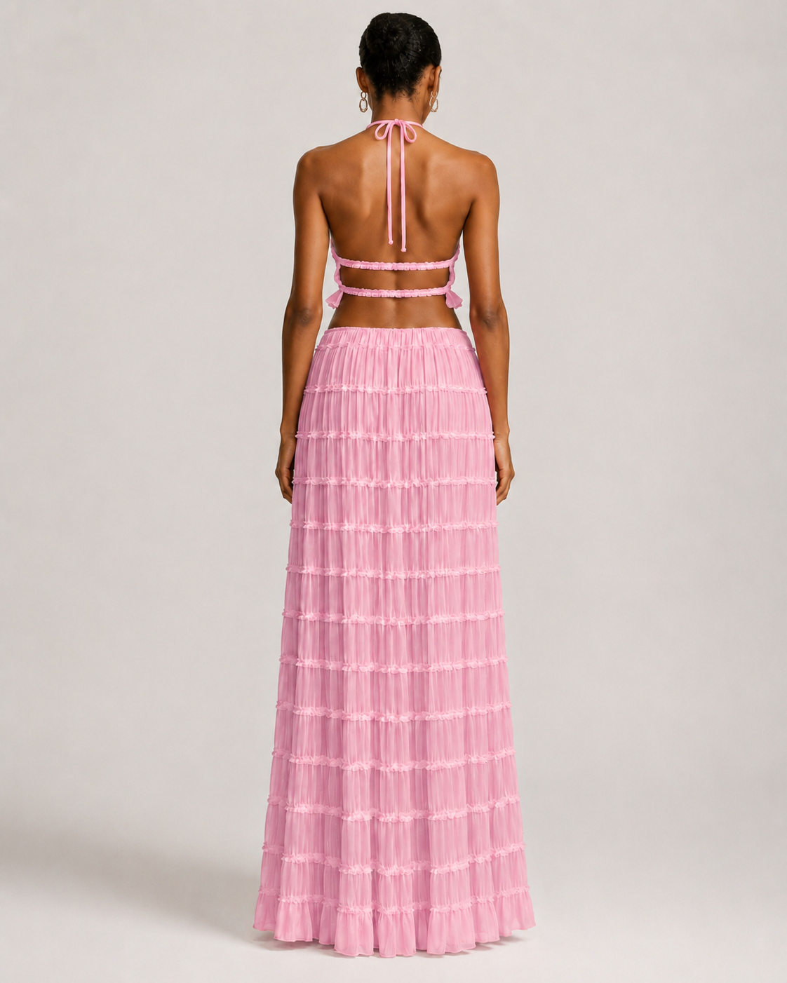 Pleated Ruffle 2 Piece Maxi Set – Backless Halter Crop Top and Tiered Long Skirt