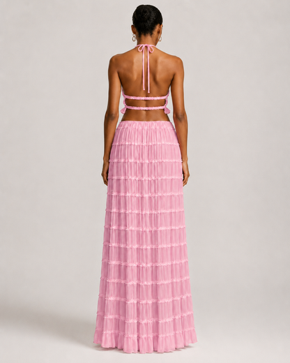 Pleated Ruffle 2 Piece Maxi Set – Backless Halter Crop Top and Tiered Long Skirt
