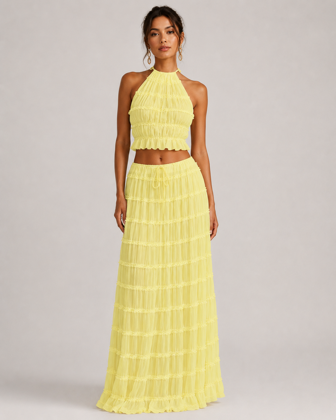 Pleated Ruffle 2 Piece Maxi Set – Backless Halter Crop Top and Tiered Long Skirt