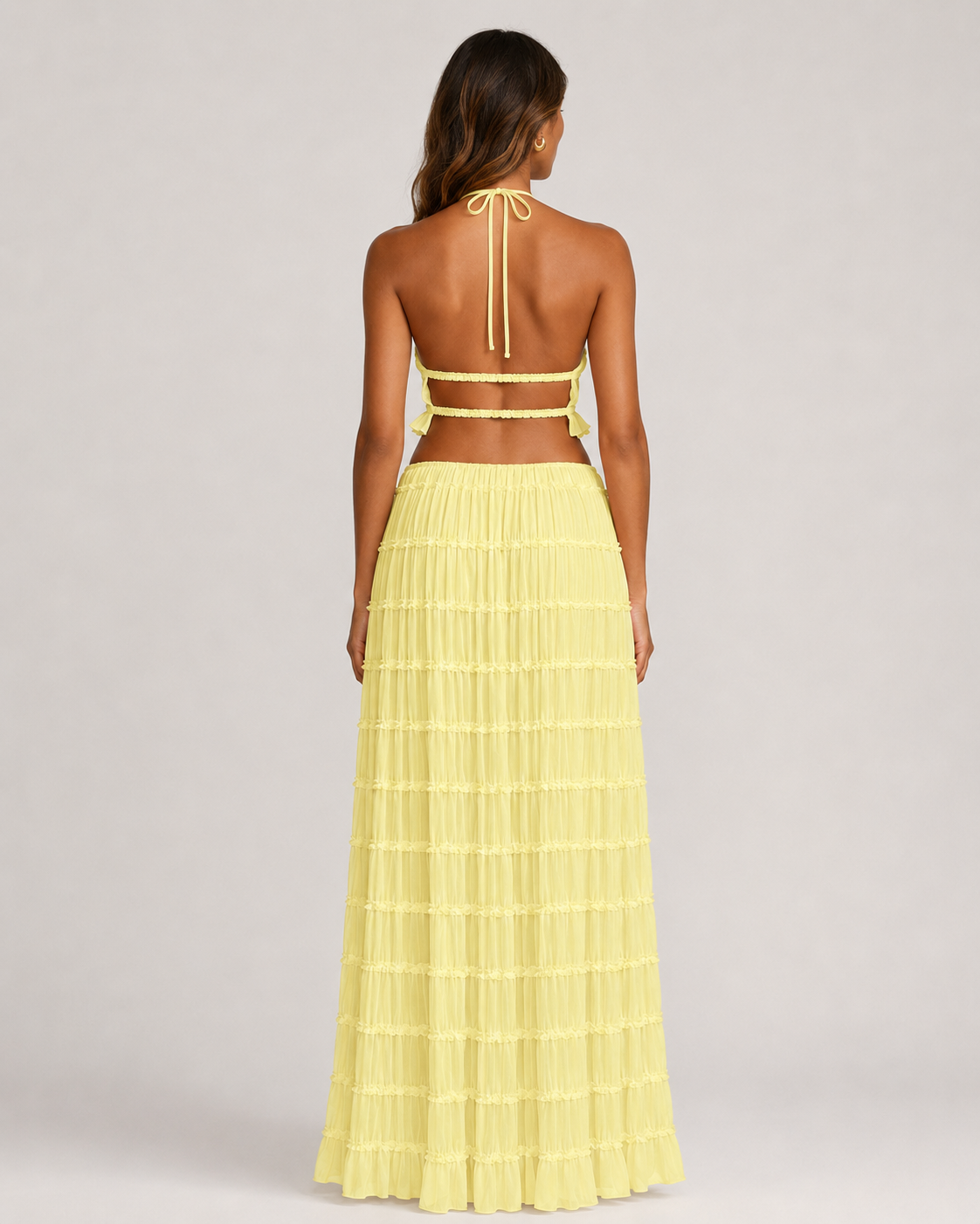Pleated Ruffle 2 Piece Maxi Set – Backless Halter Crop Top and Tiered Long Skirt