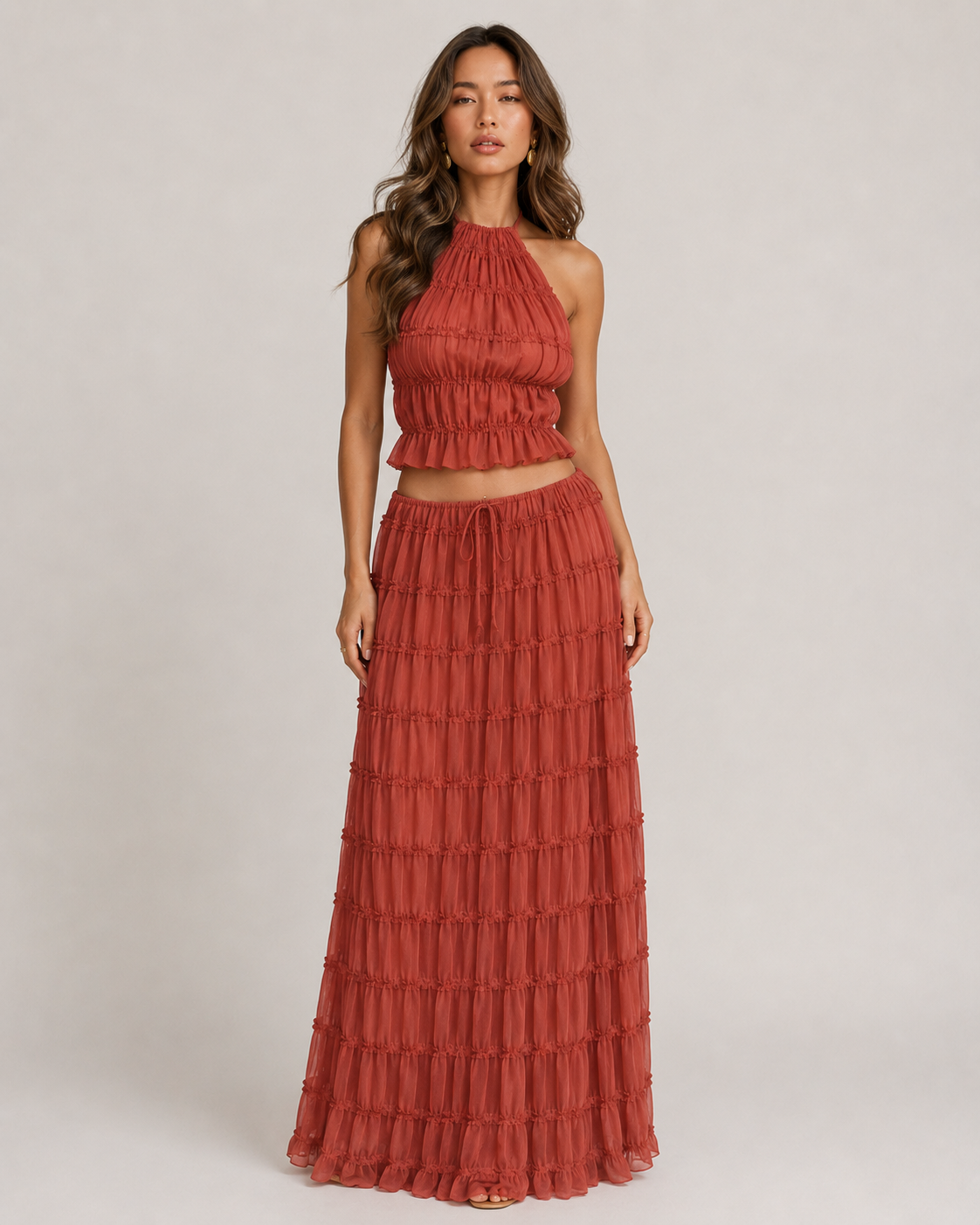 Pleated Ruffle 2 Piece Maxi Set – Backless Halter Crop Top and Tiered Long Skirt